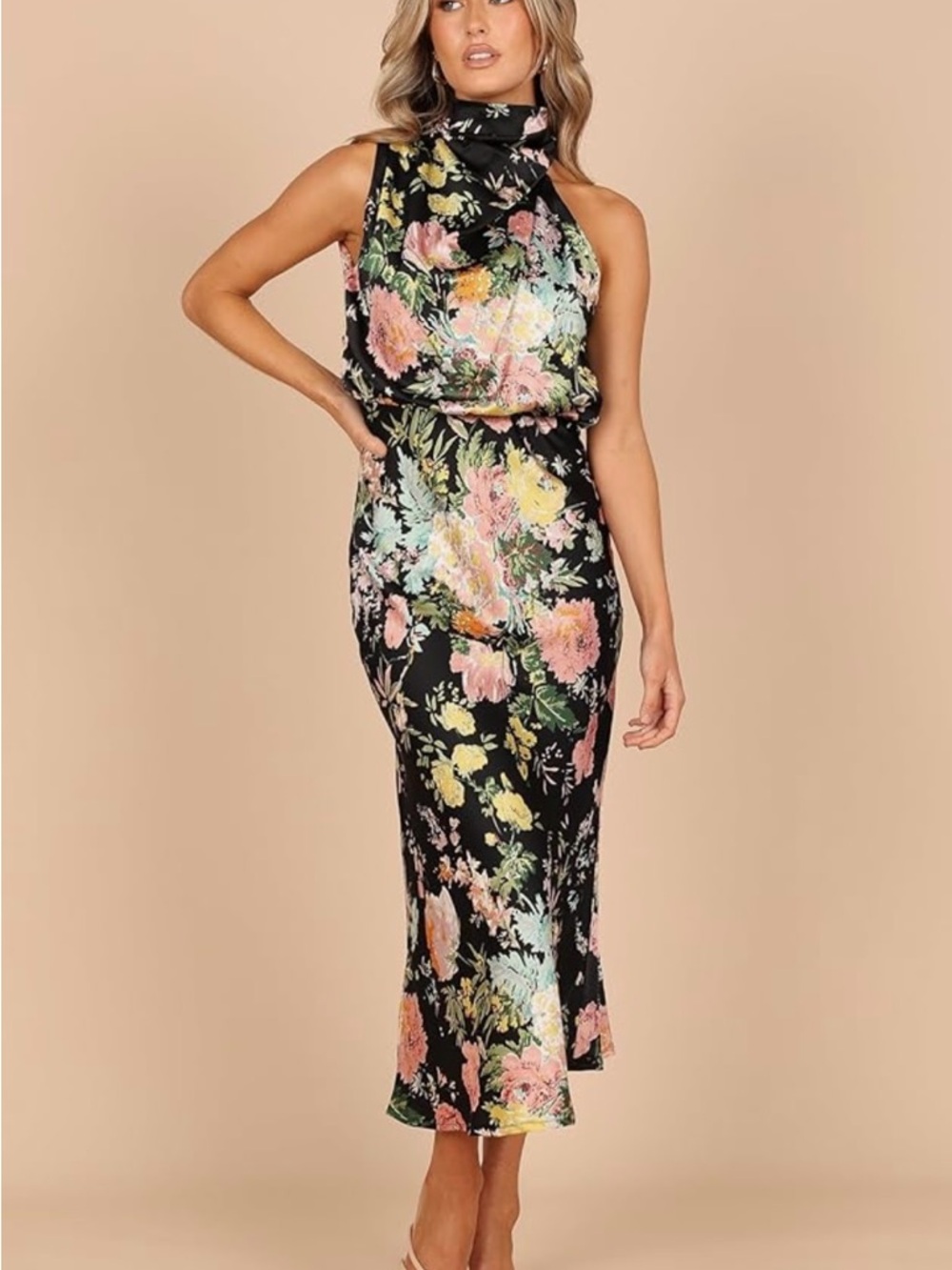 Petal & Pup Black Halter Midi Dress with Pastel Floral Print